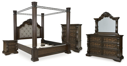 Maylee King Canopy Bed with Mirrored Dresser, Chest and Nightstand
