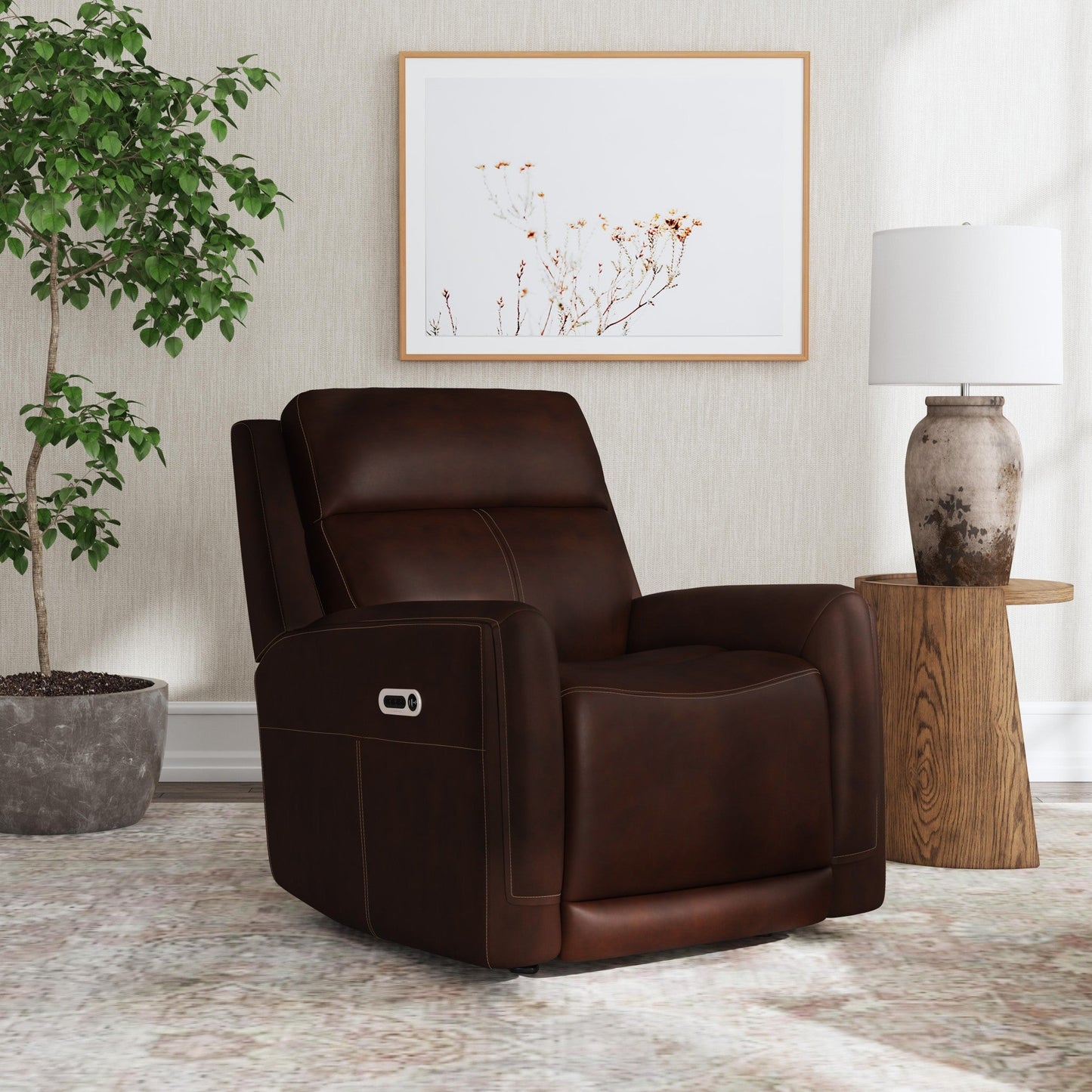 Flexsteel Alister Leather Power Gliding Recliner with Power Headrest & Lumbar - Burnt Umber
