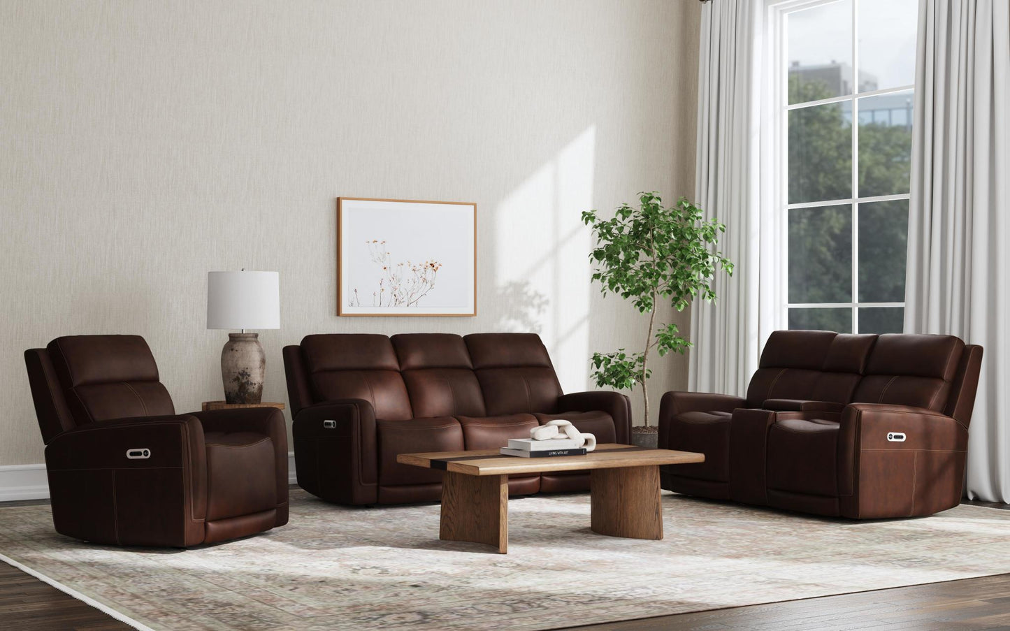 Flexsteel Alister Leather Power Gliding Recliner with Power Headrest & Lumbar - Burnt Umber