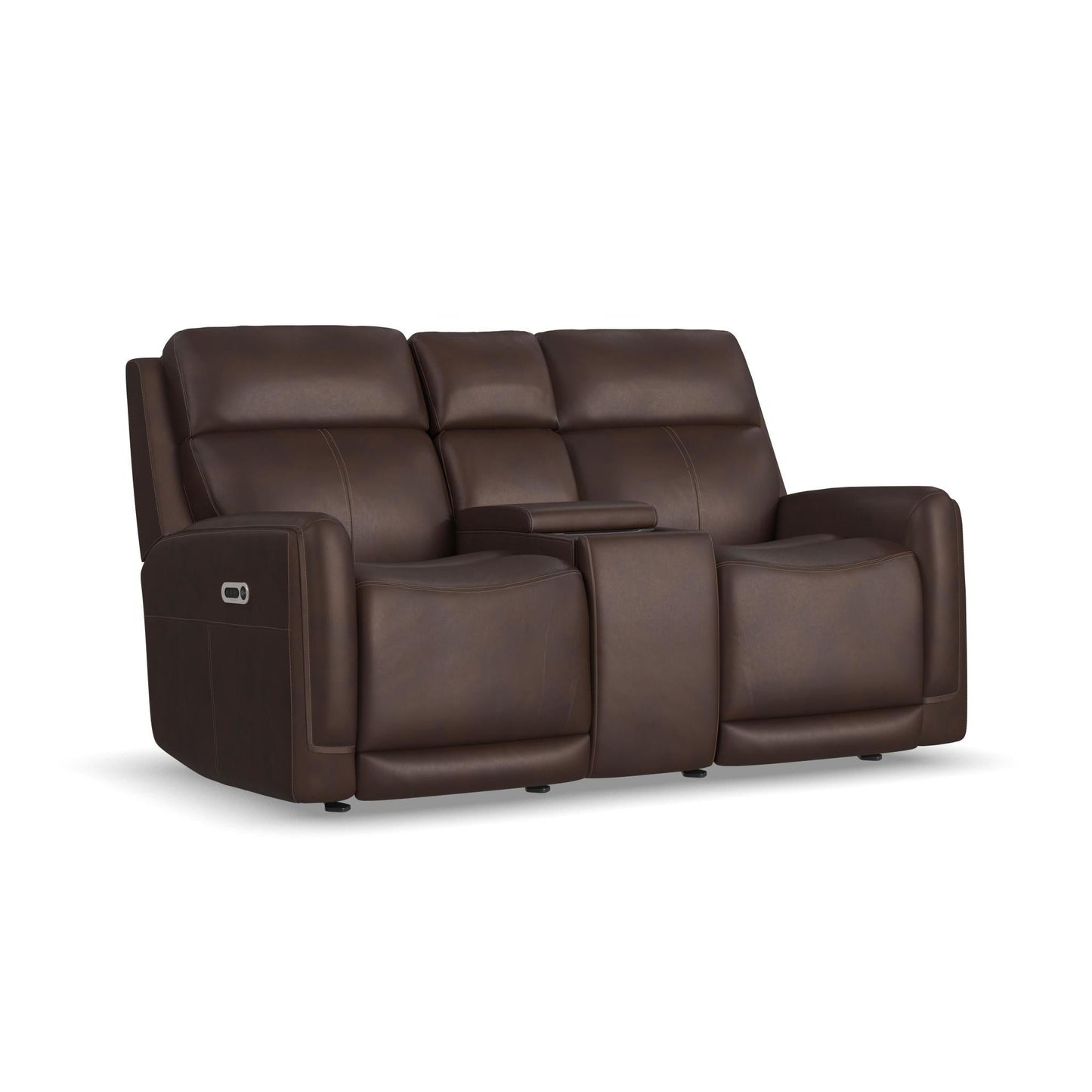 Flexsteel Alister Leather Power Gliding Loveseat with Console, Power Headrests & Lumbar - Burnt Umber