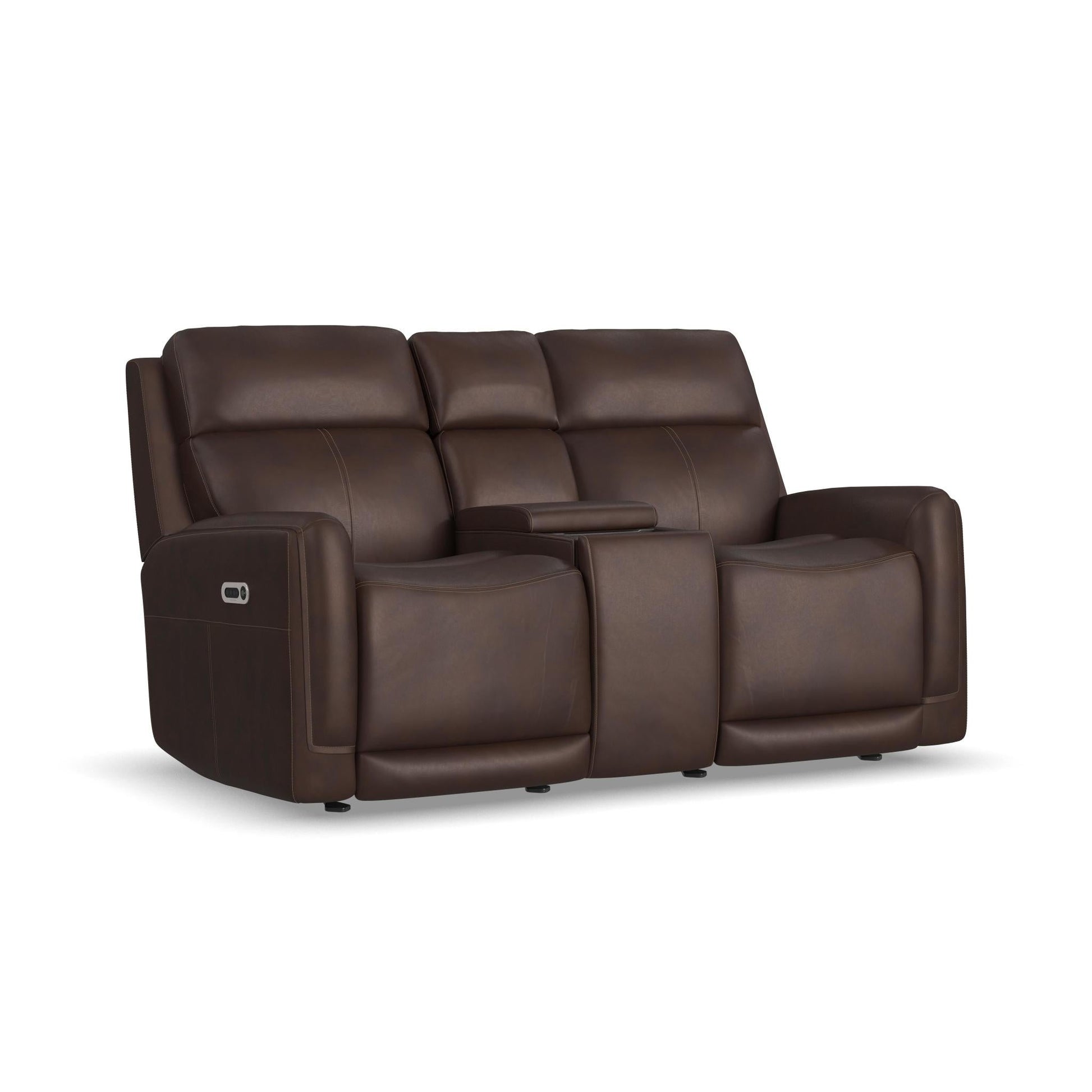 Flexsteel Alister Leather Power Gliding Loveseat with Console, Power Headrests & Lumbar - Burnt Umber