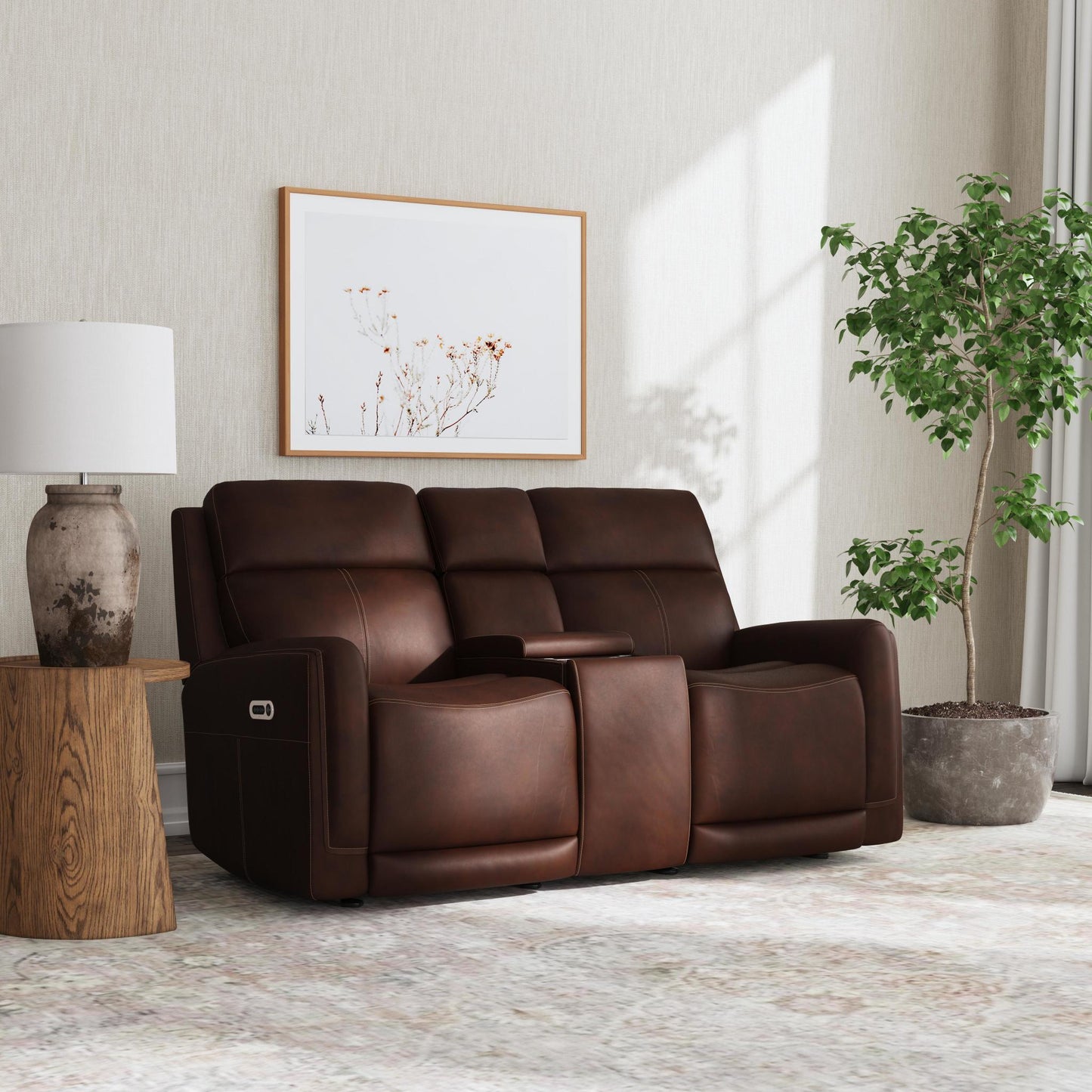 Flexsteel Alister Leather Power Gliding Loveseat with Console, Power Headrests & Lumbar - Burnt Umber