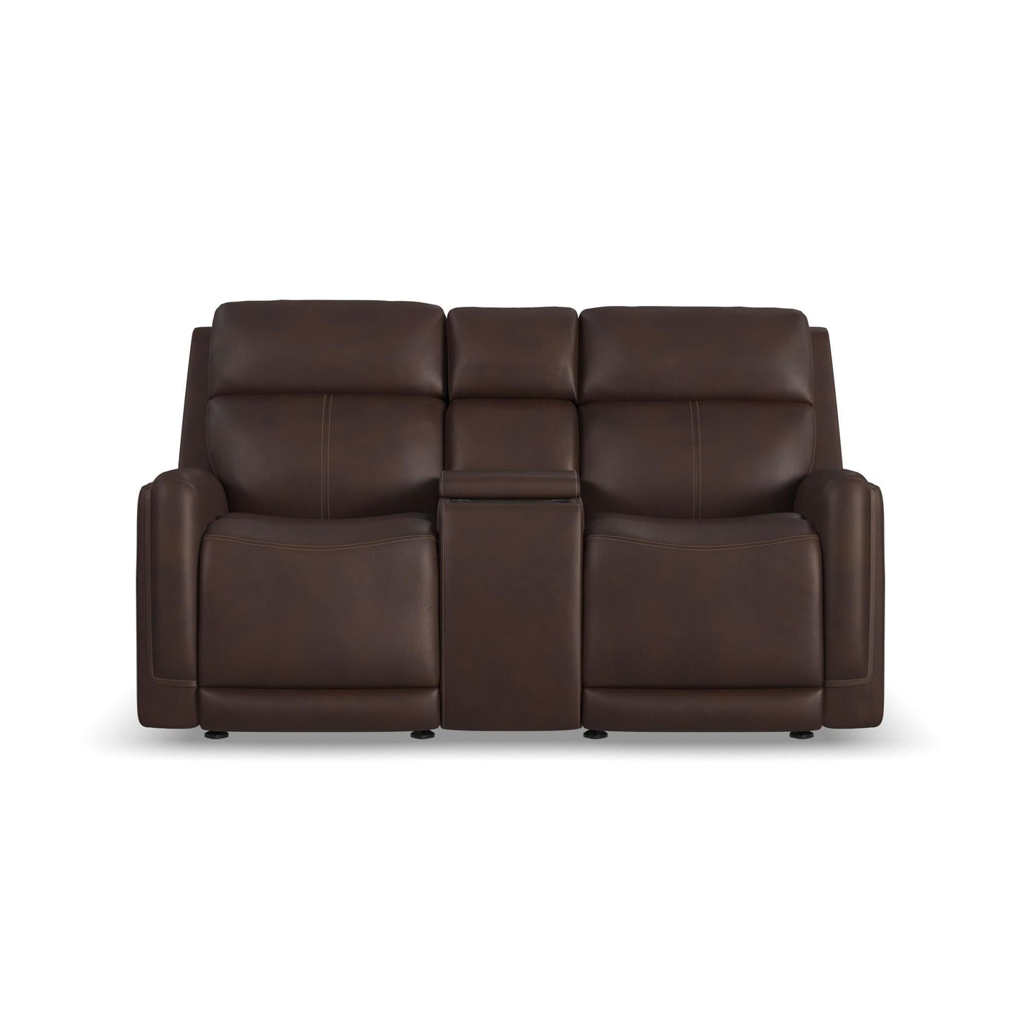 Flexsteel Alister Leather Power Gliding Loveseat with Console, Power Headrests & Lumbar - Burnt Umber