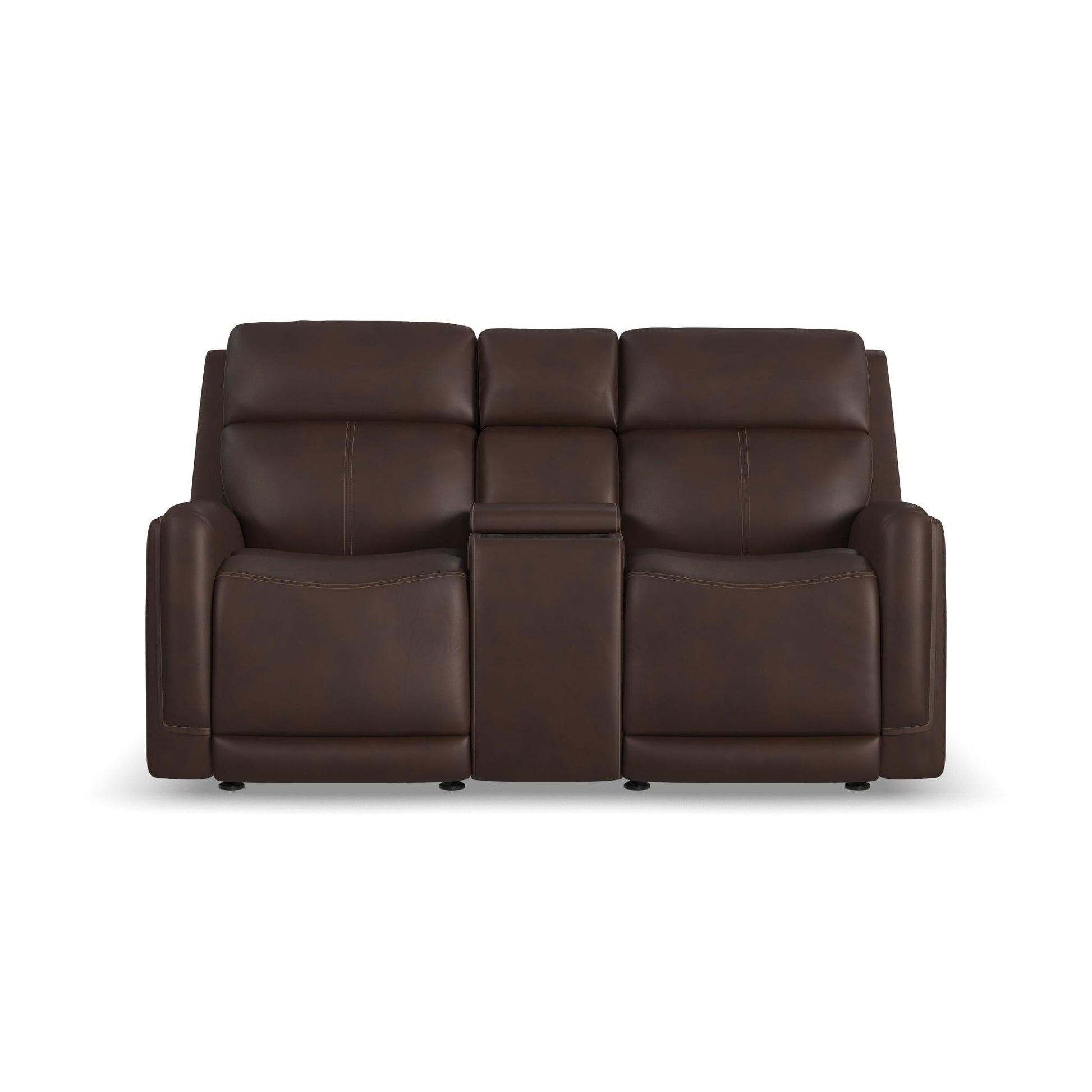 Flexsteel Alister Leather Power Gliding Loveseat with Console, Power Headrests & Lumbar - Burnt Umber