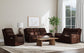 Flexsteel Alister Leather Power Gliding Loveseat with Console, Power Headrests & Lumbar - Burnt Umber