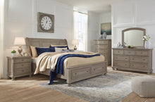 Load image into Gallery viewer, Lettner King Sleigh Bed with 2 Storage Drawers with Mirrored Dresser

