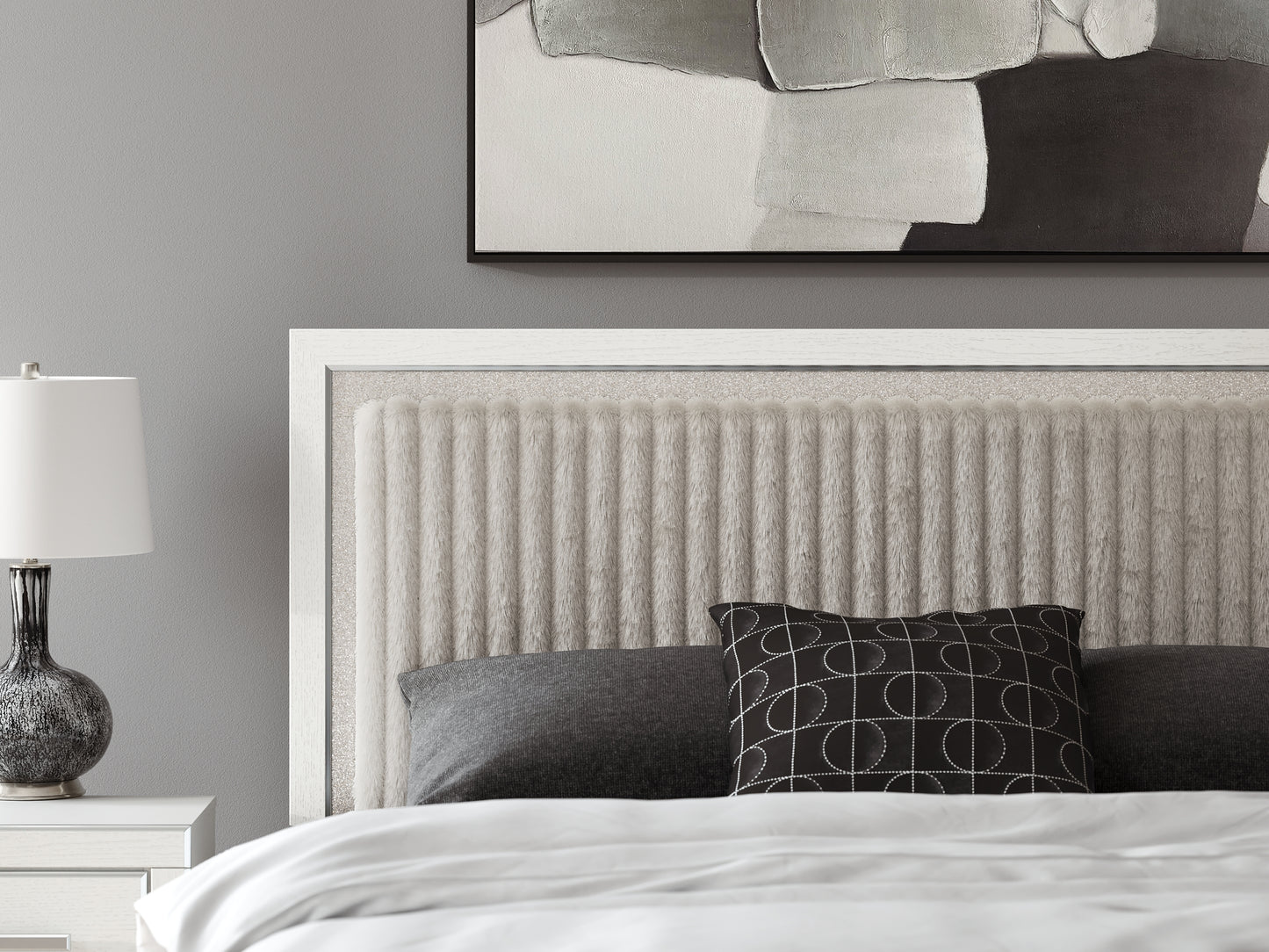 Zuraleus King Upholstered Panel Platform Storage Bed, Dresser, Mirror and Nightstand