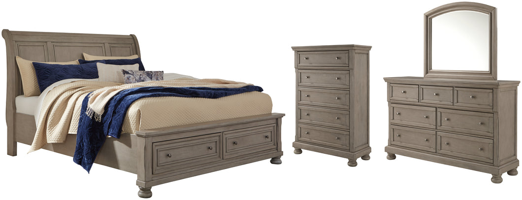 Lettner California King Sleigh Bed with Mirrored Dresser and Chest