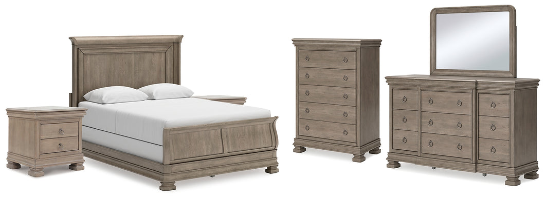 Lexorne Queen Sleigh Bed with Mirrored Dresser, Chest and 2 Nightstands